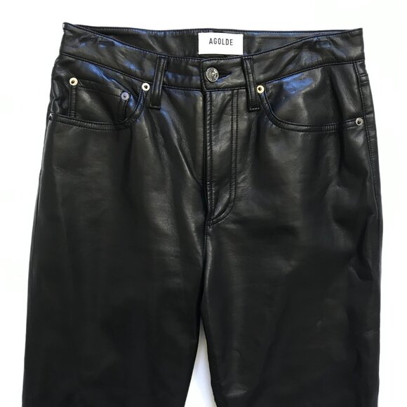 Agolde Recycled Leather Pants Womens 26 Black High Rise Waist 90s Straight Leg - Picture 5 of 12